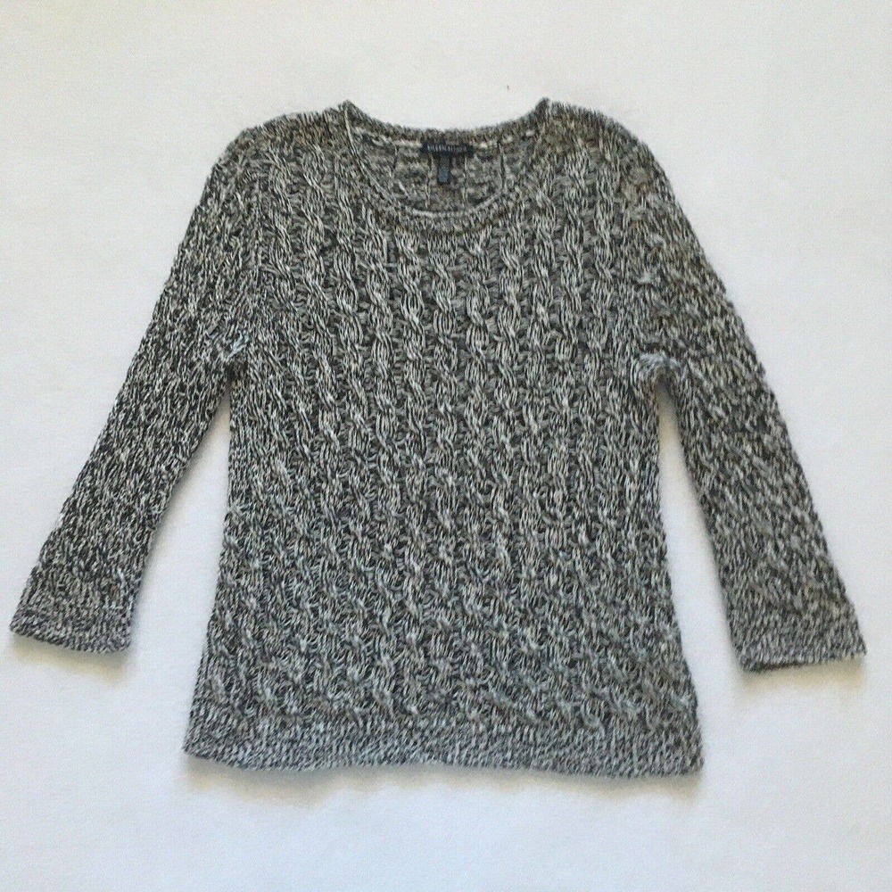 Eileen Fisher Women Organic Cotton Black White Variegated Cable Knit Sweater M